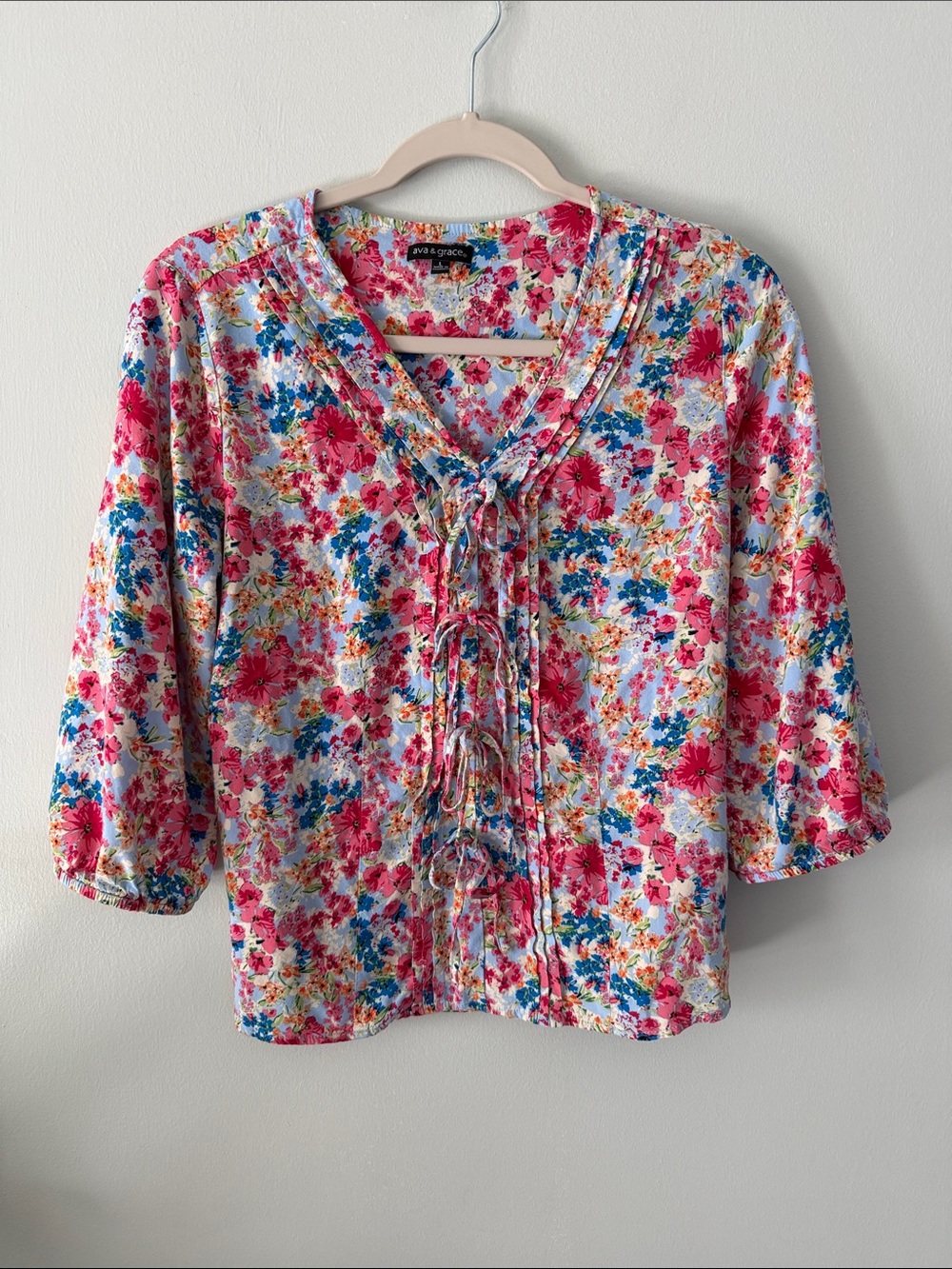 Ava & Grace Pink Multi Floral Tie-Front Blouse